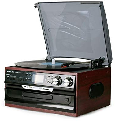 Aioneer Giradischi Bluetooth, Giradischi con CD, Cassette, Radio E Scheda USB/SD O Lettore Musicale con Amplificatore Integrato per Regalo E Riproduzione Musicale di Bar E Ristor