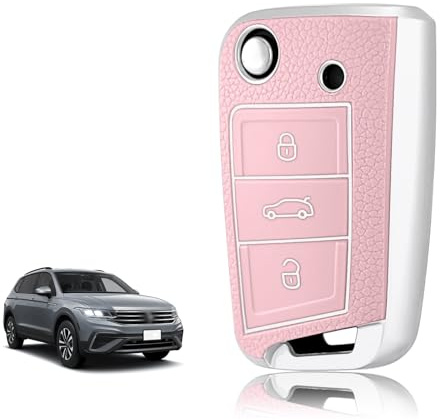 TOOMUME Schlüsselhülle Silikon, Autoschlüssel Hülle Passt für VW Volkswagen Golf 7 Polo Tiguan Taigo Seat Leon Ibiza Skoda Octavia Superb Fabia, Schlüsselcover Gold & Silberrand Lederstruktur
