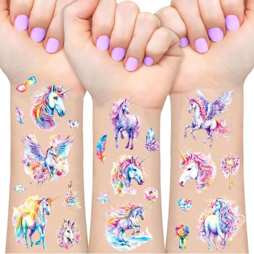 Magisches Pferd Glitzer Tattoos Kinder, 12 Blätter Fake Tattoos für Kinder | Fabeltier mit Horn Geschenke für Mädchen, Geburtstag Party Geschenk Kleine, Hautfreundliche Temporäre