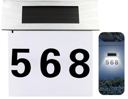 Numero di casa Solare in Acciaio Inox Illuminato, 4 LED, Interruttore Crepuscolare, Numero Civico Illuminato a Energia Solare, Dotato di 3 set di adesivi numerici 0-9 e 1 set di adesivi lettera a-h
