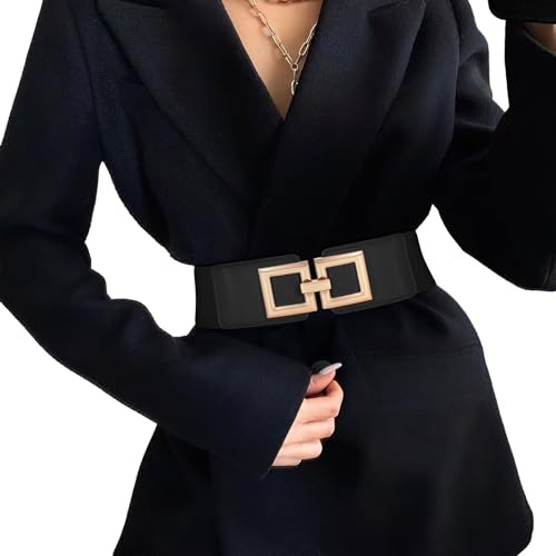JasGood Damen Breiter Elastischer Taillengürtel Vintage Hüftgürtel Stretchy Kleider Gürtel mit Goldener Schnalle,Black,90cm