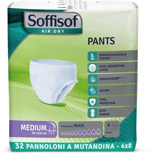 Soffisof Air Dry Pants Maxi M - 32x Pannoloni per Anziani a Mutandina - 4 Confezioni da 8 Pannoloni Notte Super Assorbenti Donna e Uomo - Pants Adulti 9 Gocce - Medium (70-110 cm)