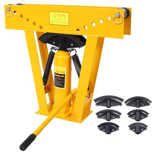 12 Ton Hydraulic Pipe Bender, Steel Exhaust Pipe Bender with 6 Precision Dies (1/2-2), Adjustable Rollers, 90°-180° Bending, Manual Tubing Bender for Steel, Copper, Metal Pipes (12 TON,Yellow)