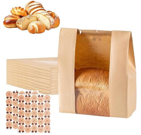 40 Pcs Paper Bread Bags, Kraft Paper Bakery Bags, Sourdough Bread Bag with Window, Bonus Label Seal Sticker for Homemade Bread