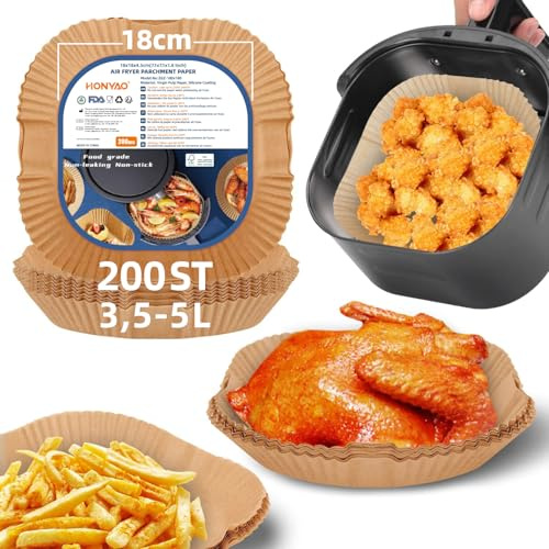 HONYAO Papier Cuisson Air Fryer Carré 18x18 cm 200 Pièces Paper Sulfurisé pour Friteuse a Air, Parchemin Moule Accessoires compatible avec Philips 4,2L/Moulinex 5L/Ninja 4,7L, autres Airfryer 3,5-5L