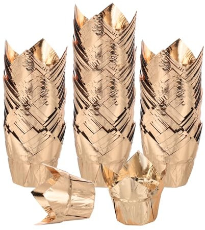 sourcing map 100 Pcs Tulip Cupcake Liners, Muffins Liners Aluminum Foil Cupcake Wrappers Baking Cups Muffins Liners for Wedding Birthday Party Supplies, Champagne Gold