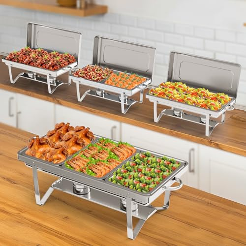 Narra 4 Pack Chafing Dishes for Buffet, 9QT Stainless Steel Catering Chafer,Multi-Size Buffet Servers,Foldable Rolled-Edge Food Warmers for Party,Wedding,Birthday(Full & 1/2 & 1/3 Size Food Pan)