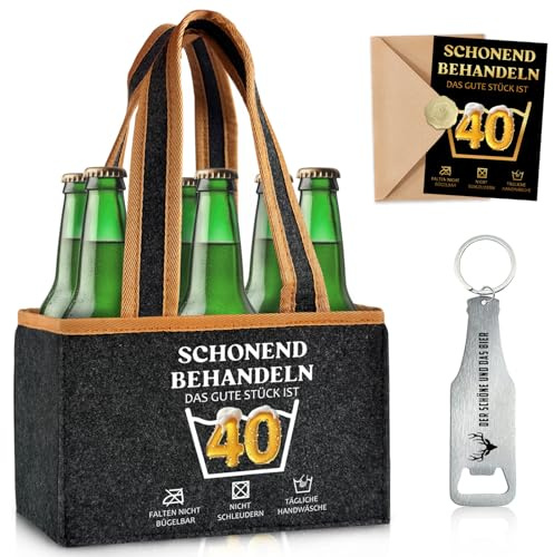 Lustige Geschenk 40 Geburtstag Mann, Männerhandtasche Bier | mit Flaschenöffner und Grußkarten, Schonend Behandeln 40 Geschenk für Männer, Bier Flaschentasche für 6 Flaschen