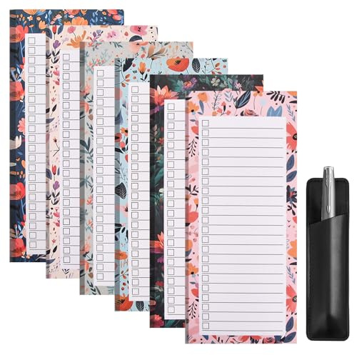 Lunaanda 6 Stück Magnetische Notizblöcke Abnehmbar, Einkaufsliste Magnetischer Kühlschrank mit Magnetische Stifthalterung und Kontrollkästchen, 50 Blatt Blumendesign Einkaufszettel Block, 21x9cm