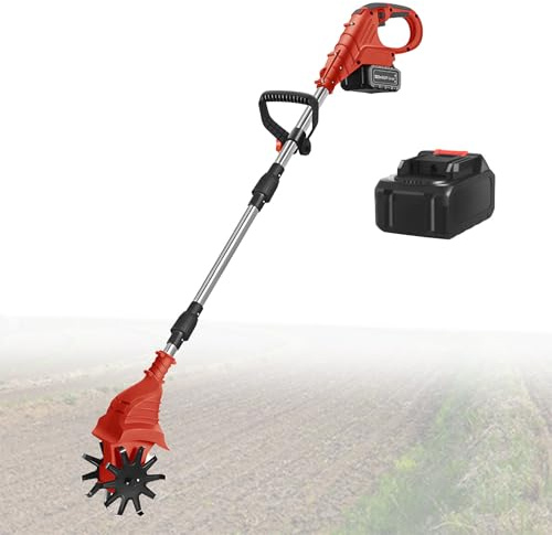 Akku-Gartenfräse mit 21V Akku, Gartenfräse mit 25cm Frästiefe und 20cm Fräsbreite, Elektro-Fräse für Garten, Hof,Red-DualBlades-1battery