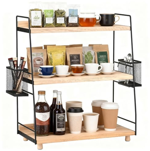 Wuudi Coffee and Tea Station Organizer, 3-Tier Wooden Countertop Shelf with Baskets for Kitchen, Bathroom, Home, Office -Kitchen Storage & Organisation, Caddy for Coffee Accessories