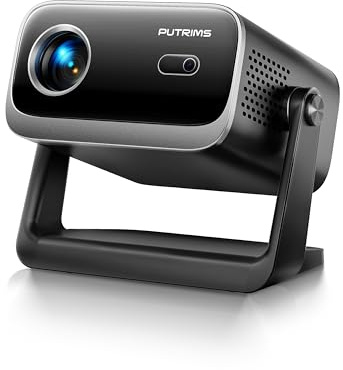 Proyector con WiFi y Bluetooth - Mini proyector de tiro corto [soporte ajustable de 145° y enfoque eléctrico y zoom trapezoidal automático del 50%] PUTRIMS Proyector de películas portátil 1080P para