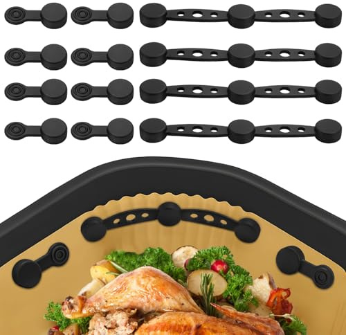 12 Stück Airfryer Magnete für Backpapier, Silikon Heißluftfritteuse Magnete | 4 Silikonstreifen 8 Schnallen, Festhalten Von Pergamentpapier, Wiederverwendbare Airfryer Zubehör
