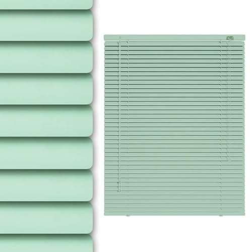 25mm Slat Aluminum Venetian Blind for Indoor Windows, Waterproof Mini Blinds Custom Size Wide 30 60 80 90 120 150 160 cm, Cordless Rooming Darkening Horizontal Shades for Bathroom(Light green)