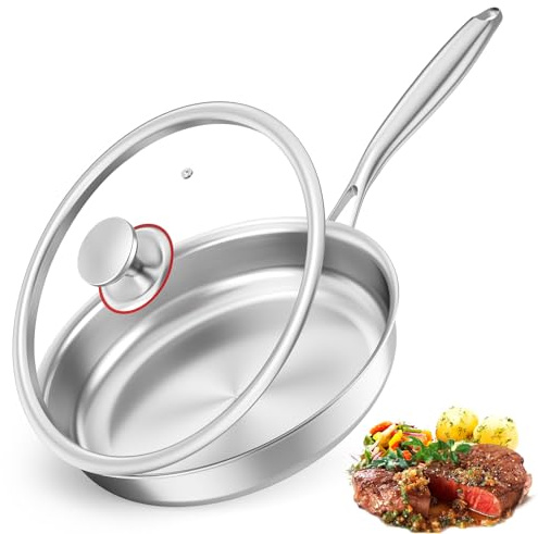 BugyKido Stainless Steel Frying Pan with Lid, 28cm Saute Pan, Premium 3-Ply Stainless Steel, Coating-Free and PFOA-Free, Suitable for All Stovetops, Dishwasher and Oven