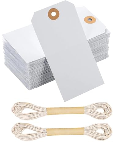 PEAPIN 100 Pack White Price Tags with String, Blank Paper Hang Tags | Includes 2 × 10m jute twine, 7 × 3.5cm writable tags with reinforced holes for clothing, jewellery and retail displays