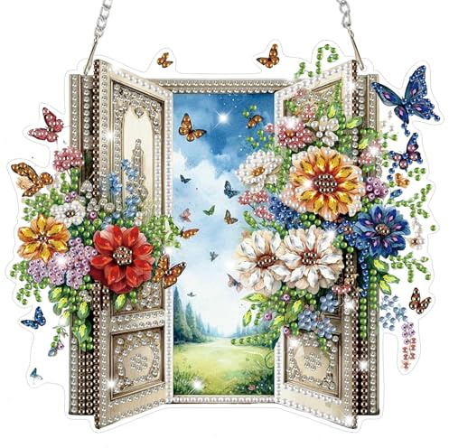 Lxmsja Bunte Blumen Diamond Painting Anhänger, 5D Fantasy Garten Diamond Painting Fensterbilder für Erwachsene, Bastelset Kreativ Set Hängend Ornament Geschenke Tür Fenster Wand Eingang Decor