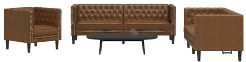 Runheo 3-TLG. Chesterfield-Sofa-Set, Braun Kunstleder Wildleder-Optik, Mikrofaser, Wohnzimmer Möbel, Polstergarnitur mit Sessel, 2er- & 3er-Sofa für Zuhause