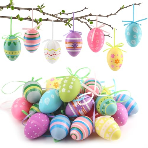 YUE QIN 24 Stück 6cm Bunte Ostereier zum Aufhängen Ostereier Deko Plastik für Draußen und Innen Plastikeier zum Aufhängen Kunststoff Osterdeko für Osterstrauchdeko Schule Zuhause Büro Party