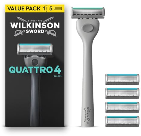 Wilkinson Sword Quattro Men’s Razor Handle, 5 Blade Refills | 4 Diamond Coated Blades, Protective Grid Technology for Less Irritation, Standing Grippy Handle, Face or Body Razors for Men