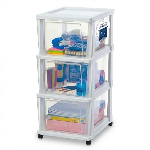 Iris Ohyama, Rollcontainer Kunststoff auf Rollen, 3 Grosse Schubladen, Weiß, Leichtes Öffnen, Aufbewahrung, für Badezimmerschrank, Zimmer, Organizer, BPA-frei, KMC-303 | Schreibtischständer und Organizer auf Rollen. Eine perfekte Aufbewahrungseinheit als Arbeitsplatz