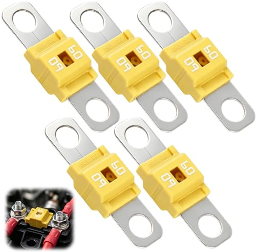 5 Stück AMI Midi Hochstromsicherung Bolt Sicherung 60 Ampere | Gelb Flachstecksicherung Mini Sicherung für PKW Busse LKW Wohnwagen Baufahrzeuge Baumaschinen Traktor Anhänger