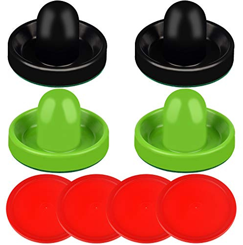 ONE250 Air Hockey Pushers and Red Air Hockey Pucks, Goal Handles Paddles Replacement Accessories for Game Tables (4 Striker, 4 Puck Pack) (Black & Green)