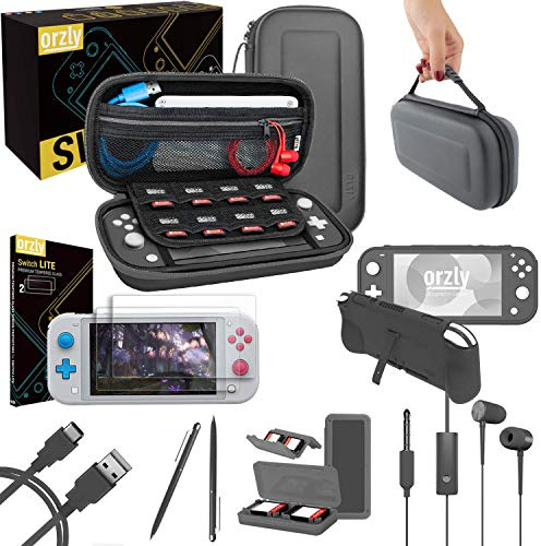 Switch Lite Accesoires, Orzly Zubehör für Nintendo Switch Lite (2019) Panzerglas Schutzfolien, USB Ladekabel, Konsole Tragetasche, Spiele Patronenhülse, Comfort Grip Case, Kopfhörer - Grau