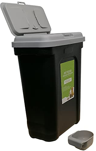 Livingshire Pet Food Storage Container with Integrated Scoop | 30 L Flip-Up Lids | Dog & Cat Dry Food Storage Bin Box | Black Bin with Grey Lid