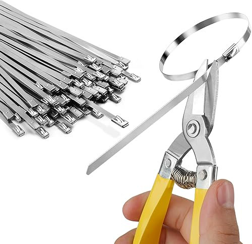 Sinlon Heavy Duty Metal Zip Ties (with Tie Cutter) - Uv Resistant Stainless Steel, 11.8 Inch, 50 Pieces, Self-Locking, Suitable for Fixing Fences, Pipes, Etc. Outdoor