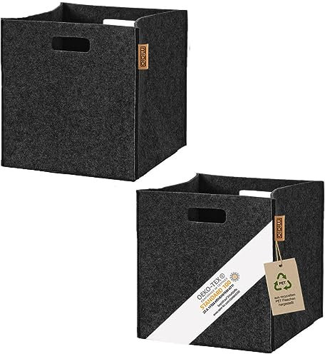Miqio® Design Aufbewahrungsbox Filz 2er Set | 30x30x30 cm | Organizer Faltbox | Aufbewahrungskorb | Regalbox Kallax Einsatz | Dunkelgrau