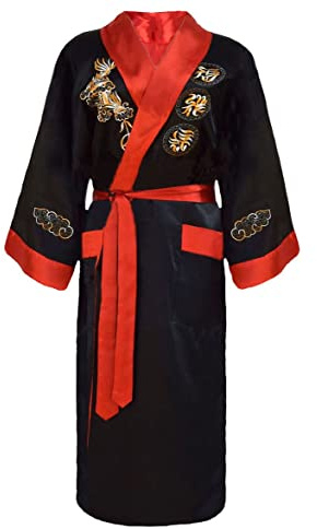 Bon amixyl Unisex badrock japansk kimono kinesisk drake pyjamas cardigan kimonos morgonrock satin morgonrock, Färg: röd, XXL