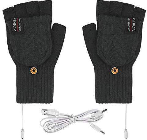 USB Heated Gloves for Women & Men, Full & Half Finger Double-Sided Heated Laptop Gloves, Mitten Washable Design Knitting Hands Warmer for Winter Gift Indoor & Outdoor (Black)