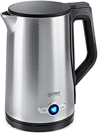 TZS First Austria Edelstahl Wasserkocher 2200W, 1,7 L, Temperatureinstellung 60-100 Grad, Warmhaltefunktion, Kalkfilter, verdecktes Heizelement, LED Beleuchtungsfarbe