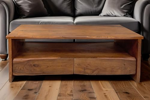 SAM Couchtisch Dahlia I 130x70x45 cm Akazie nussbaum Baumkante | Sofatisch mit Ablage & 2 Schubladen, Beistelltisch, lackiert, Akazienholz nussbaumfarben & massiv