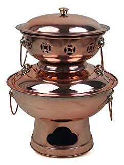 Chinese Style Charcoal Hot Pot, Copper Double Layer Multi-Hot Pot, Mongolian Hot Pot Kitchen Ware Set, Diameter 34/36 Cm Suitable For, Camping For Family/Friends, Parties