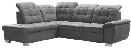 DomiMeble Ecksofa Lotta 258 x 212 x 108 cm - modernes Sofa, bequem mit hochelastischem Schaumstoff, mit Bettkasten, mit Schlaffunktion, angenehm anzufassendes Veloursmaterial (Linke Seite, Grau)