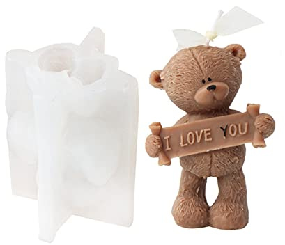 Xidmold 3D Slogan Bear Candle Mould, Teddy Bear Silicone Mould for Fondant, Chocolate, Cake Decor, Soap, Plaster, Resin Art, Birthday, Mother's Day, Father's Day (I Love You)