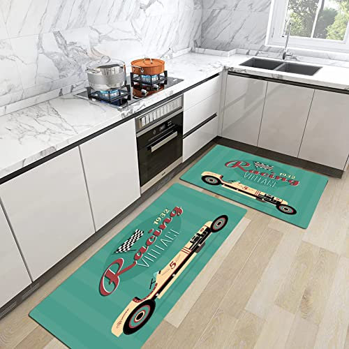 2 Pcs Tapis de Cuisine et Tapis antidérapants,Voitures, copie d’affiche d’une machine antique classique de rallye automobile Nosta, Support en Caoutchouc Paillasson Tapis en Microfibre 45x70+45x120 cm