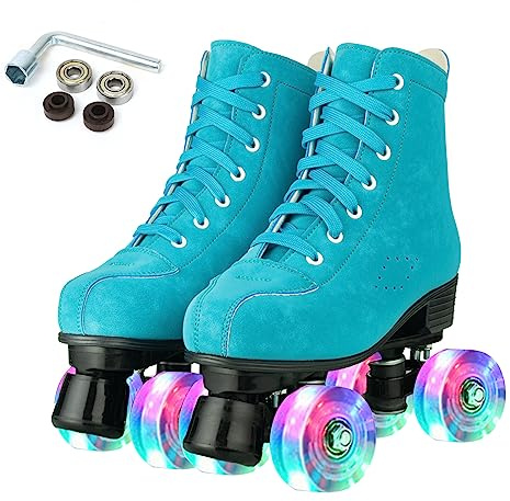 XUDREZ Damen-Rollschuhe, hohe Oberseite, doppelreihig, glänzend, Derby-Skates, 4 Räder, Unisex, PU, klassische Skates für Mädchen, Anfänger, drinnen und draußen (blau blinkendes Rad, Größe 40)