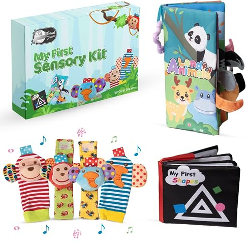 GreatDreams® Set mit Rasseln für Füße und Handgelenke (4 Stück) - Weiches Sensorisches Buch und Weiches Buch mit Formen - Spielzeug für Babys - Baby Spielzeug 0 Monate.