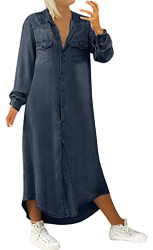Jeansklänningar, denimklänning, sommarklänning, lös, långärmad, v-ringad, festklänning, tunika, skjorta, blusklänning, jeansklänning, maxiklänning, fritidsklänning, denimklänningar, mode,