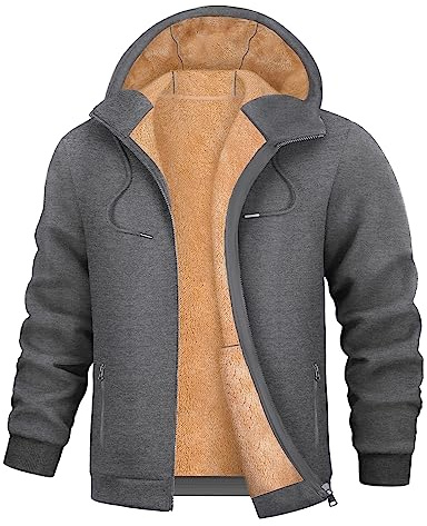 Xnova Mens Hoodies Long Sleeve Fleece Lined Ribbed Cuff Winter Extra Warm Mens Windproof Jackets Zip up Hoodie with Zip Pockets Thick Sweatshirts