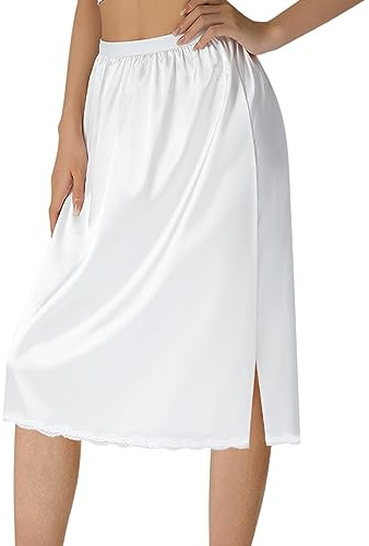 Betrodi Half Slips Under Dress Women Lace Hem Elastic Waist Petticoat Underskirt Knee Length Midi Skirt Extenders for Dresses (Cute White Midi Skirt, L)
