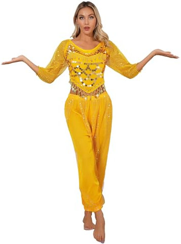 YiZYiF Damen Bauchtanz Kostüm Bauchtanz Hose Oberteil Hüfttuch Mit Münzperlen Indische Tanzkleidung Karneval Fasching Kostüm Belly Dance Set Gelb_B Einheitsgröße