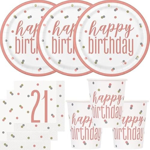 Playflip 21. Geburtstag Partyset Einweggeschirr roségold 48 TLG. Partygeschirr Teller Becher Servietten