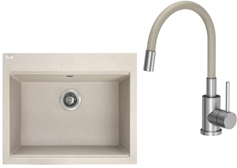 VBChome Spülbecken mit Armatur 60 x 50 cm Beige Einzelbecken Granit Rechteckig Einbauspüle Gesprenkelt Großes Tiefes Becken Siphon Spüle Beige mit Armatur Beige