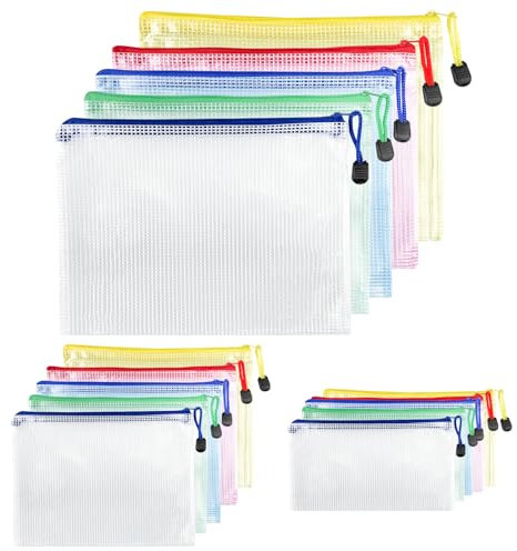 Brevanza 15 Stück Dokumententasche A4+A5+A6, Wasserdichte Mesh Dokumententaschen, Dokumentenmappe mit Reißverschluss, Reißverschlussbeutel für Dokumente Quittung Papier Prüfungsblatt Kosmetik 5 Farben