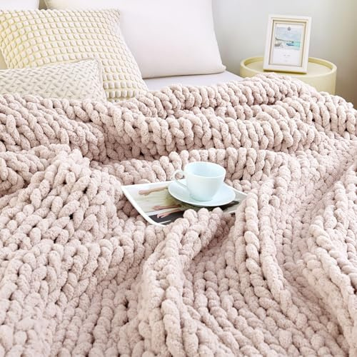 Admitrack Grobstrickdecke, 100 % handgestrickte Chenille-Wohndecke für Sofa und Wohn-Deko, weiche und gemütliche Strickdecke, Rosa, 129,5 x 160 cm