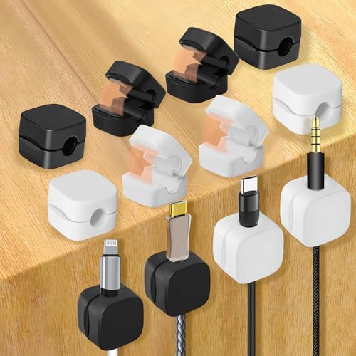CYLBAQ Cord Organizer Holder, Magnetic Desk Cable Clips Management, Hide Phone Charging Cable Keeper, Strong Adhesive Wire Charger Holder for Nightstand, Kitchen, Office (12 Pack, Black+White)